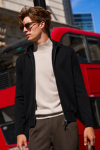 Solid Black Versatile Zip Hood Men Knit Jackets