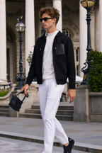 Contrast Stitch Leather Pocket Hooded Zip Knit Jackets
