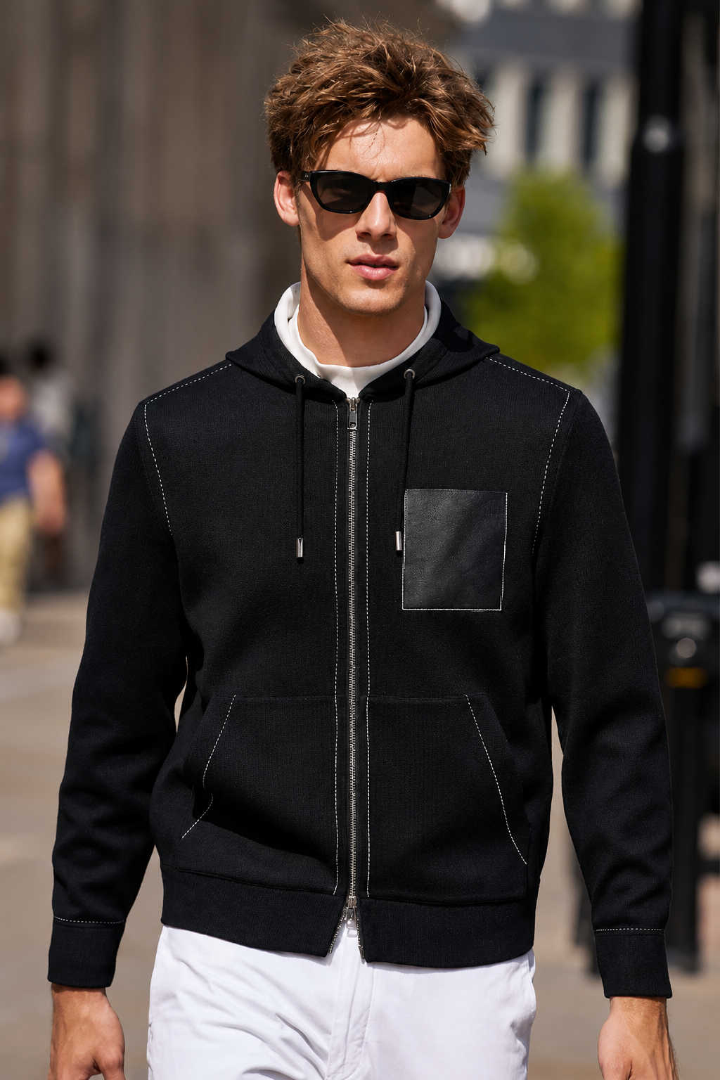 Contrast Stitch Leather Pocket Hooded Zip Knit Jackets