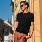 Crew Neck Contrast Piping Short Sleeve Wool Knit T-Shirt