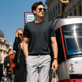 Crew Neck Contrast Piping Short Sleeve Wool Knit T-Shirt