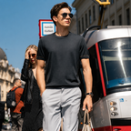 Crew Neck Contrast Piping Short Sleeve Wool Knit T-Shirt