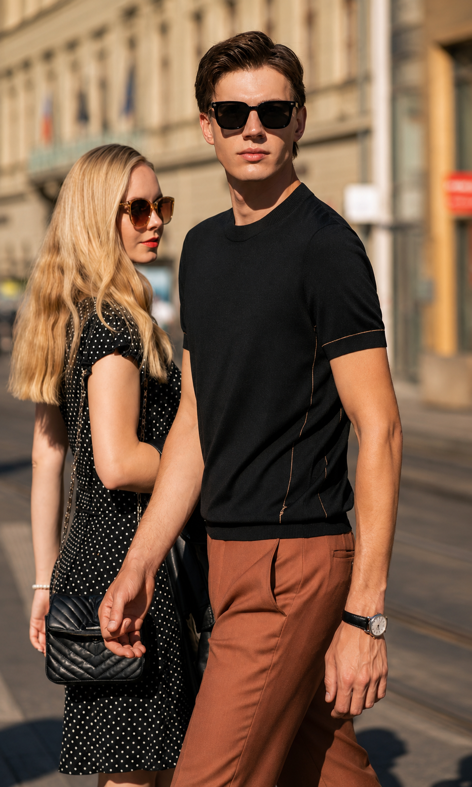 Crew Neck Contrast Piping Short Sleeve Wool Knit T-Shirt