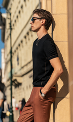 Crew Neck Contrast Piping Short Sleeve Wool Knit T-Shirt