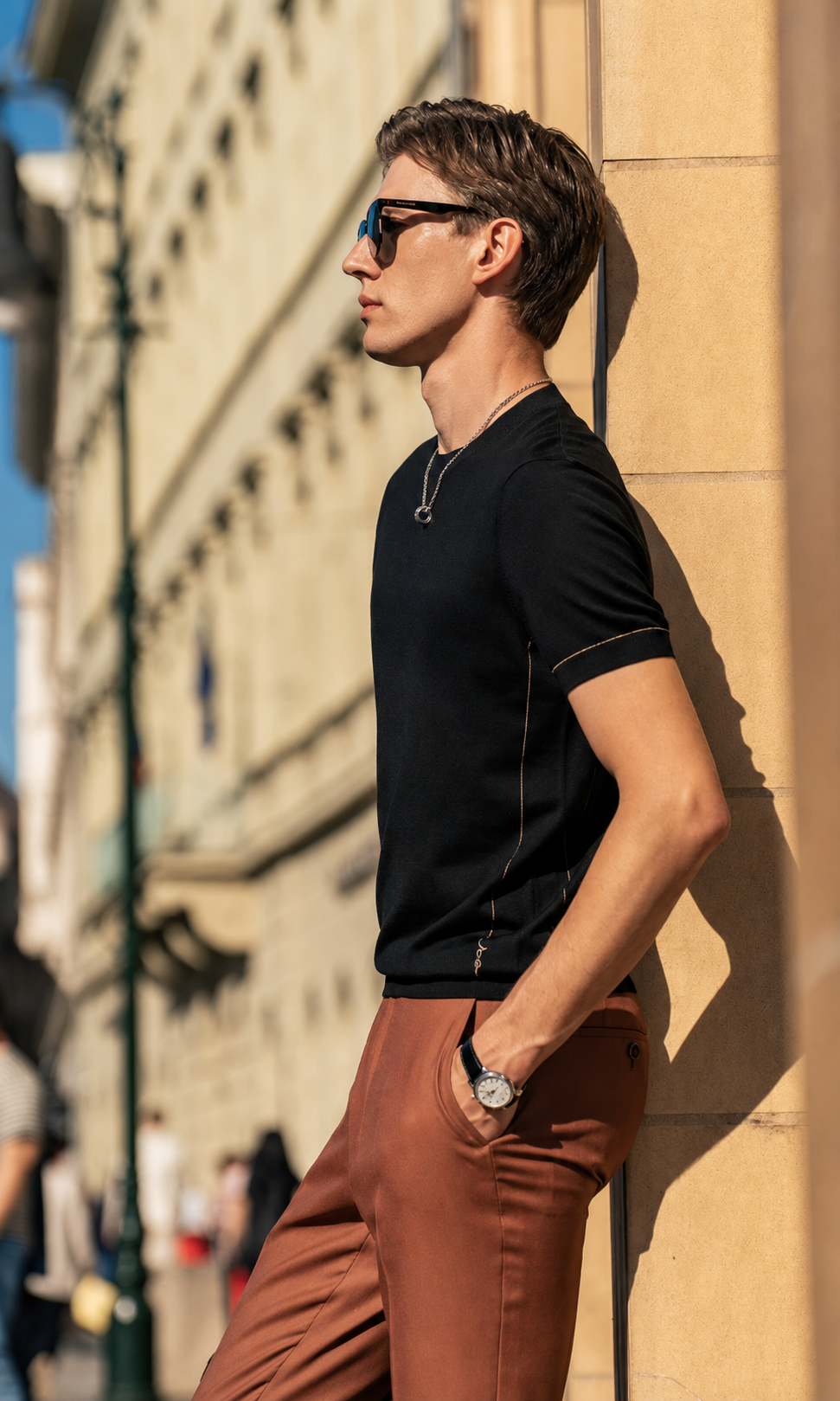 Crew Neck Contrast Piping Short Sleeve Wool Knit T-Shirt