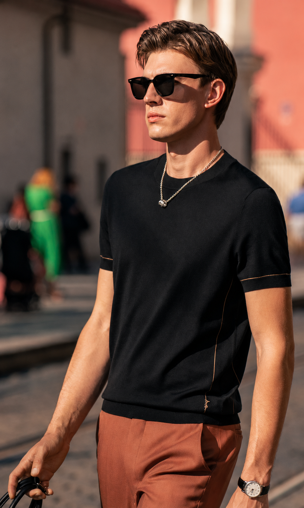 Crew Neck Contrast Piping Short Sleeve Wool Knit T-Shirt