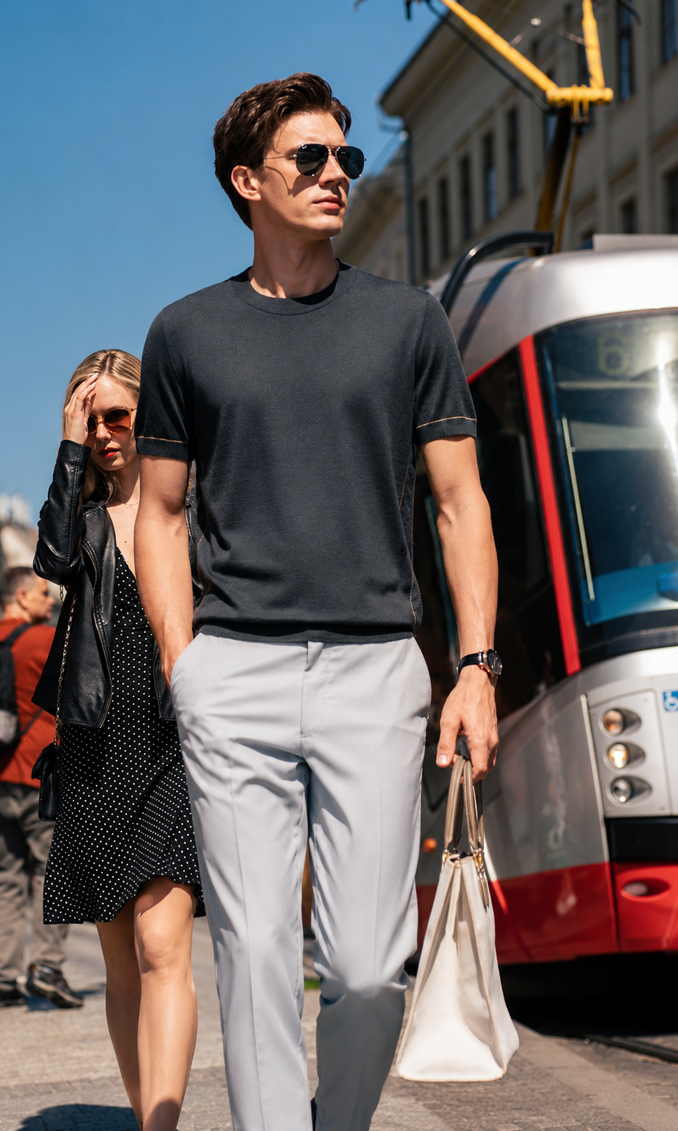 Crew Neck Contrast Piping Short Sleeve Wool Knit T-Shirt