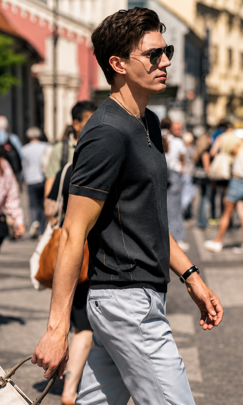 Crew Neck Contrast Piping Short Sleeve Wool Knit T-Shirt