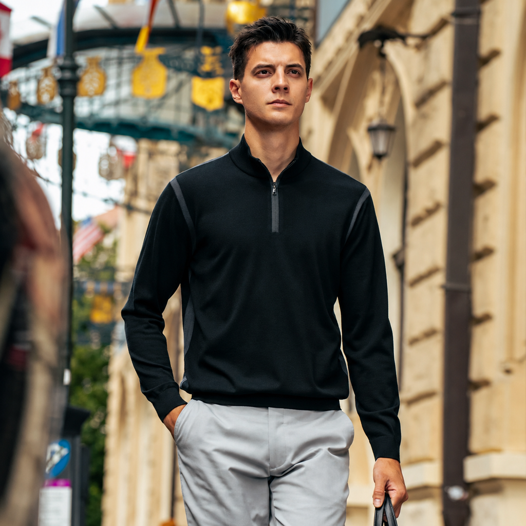 Quarter Zip Stand Collar Contrast Side Stripe Wool Long Sleeve