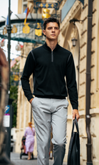 Quarter Zip Stand Collar Contrast Side Stripe Wool Long Sleeve