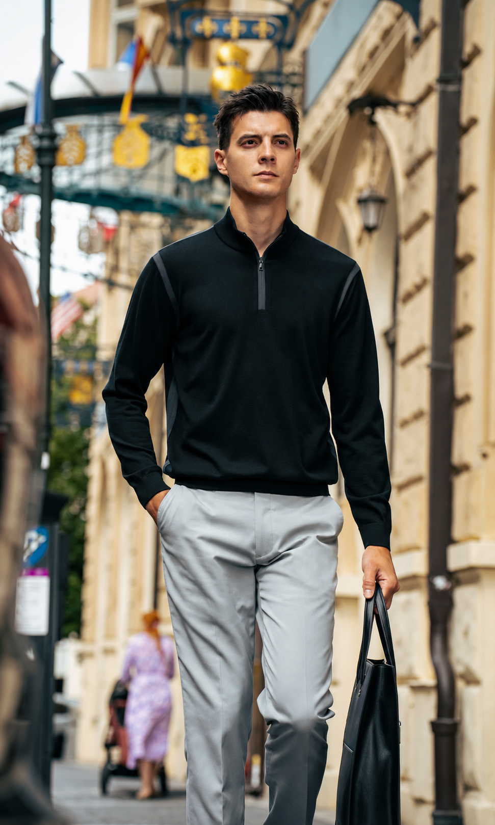 Quarter Zip Stand Collar Contrast Side Stripe Wool Long Sleeve
