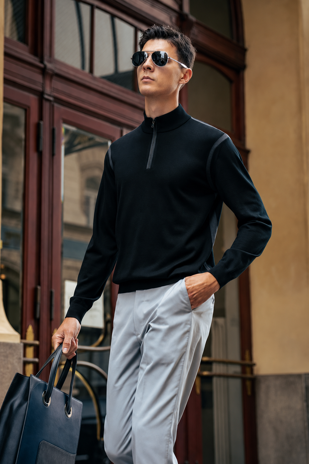 Quarter Zip Stand Collar Contrast Side Stripe Wool Long Sleeve