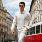 Lapel Double Vertical Stripe Wool Knit Long Sleeve Polo
