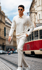 Lapel Double Vertical Stripe Wool Knit Long Sleeve Polo