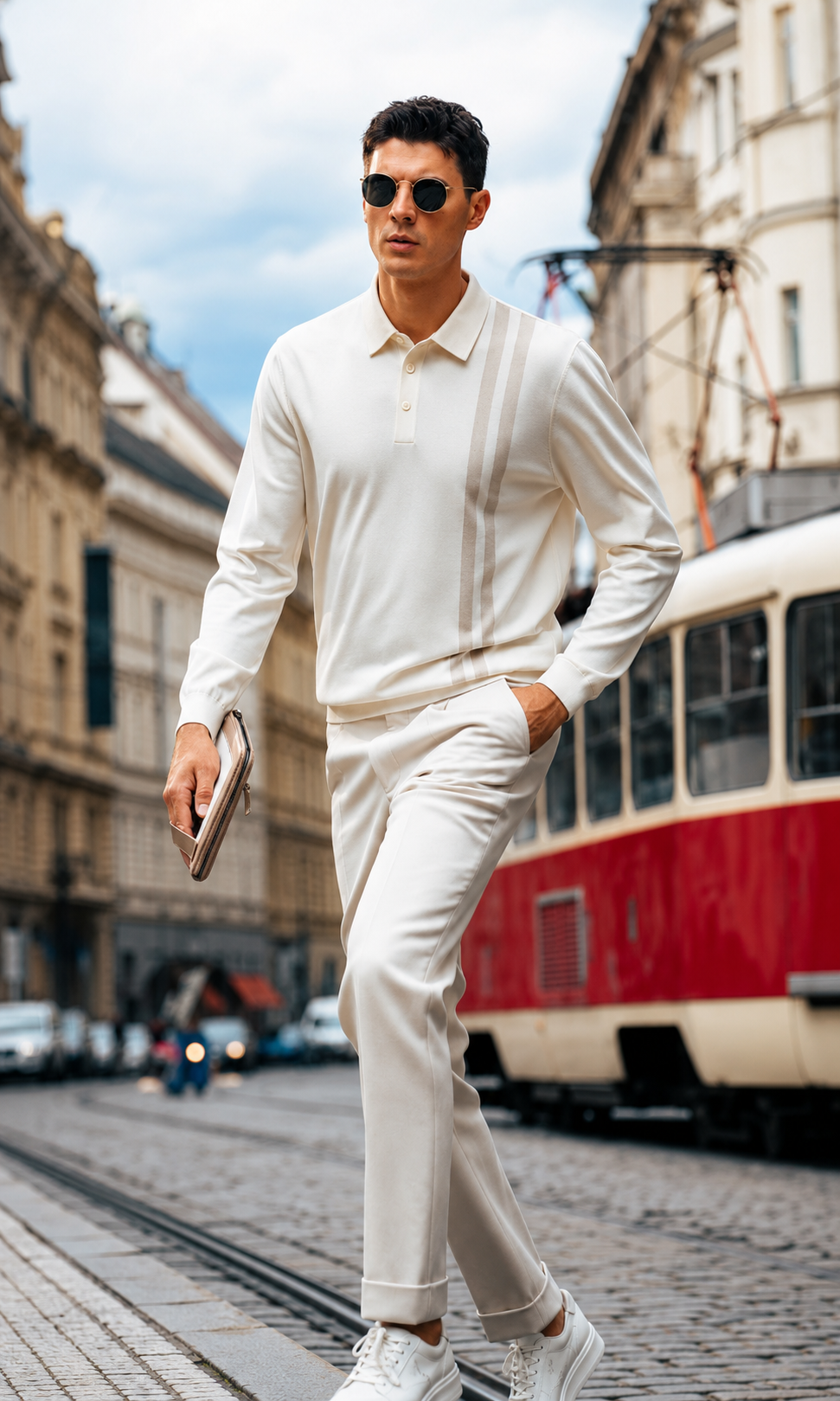 Lapel Double Vertical Stripe Wool Knit Long Sleeve Polo