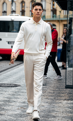 Lapel Double Vertical Stripe Wool Knit Long Sleeve Polo