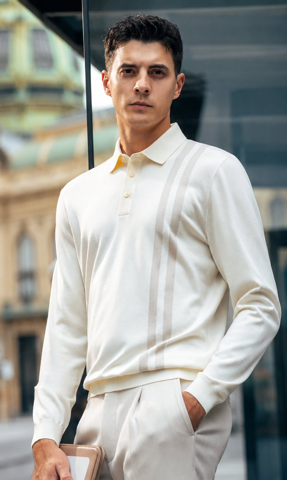 Lapel Double Vertical Stripe Wool Knit Long Sleeve Polo