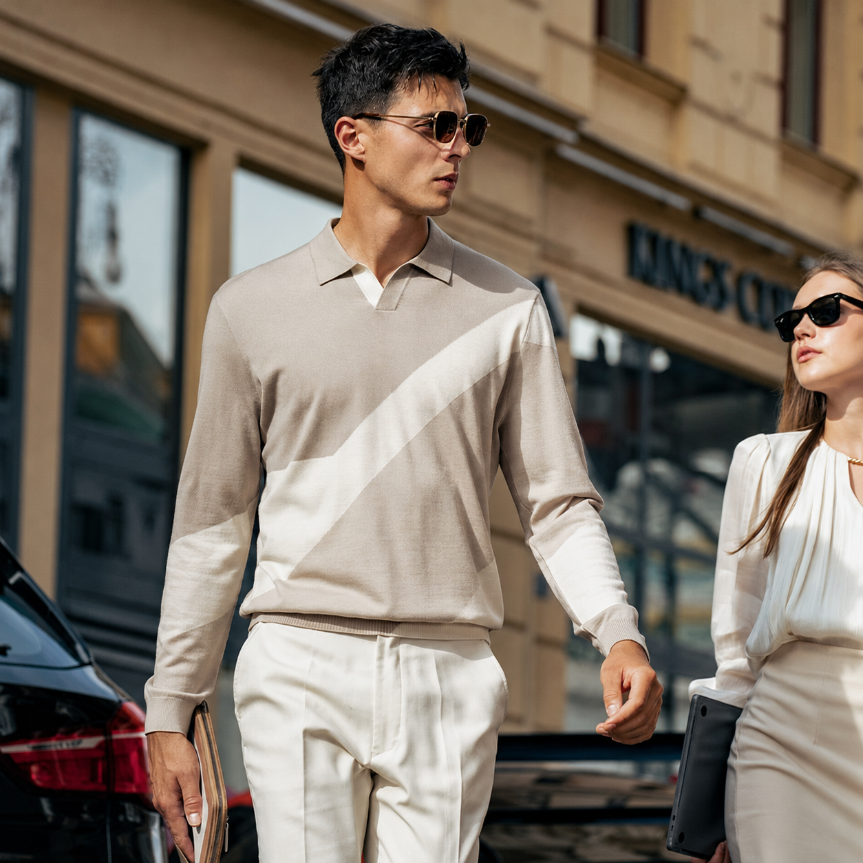Lapel Diagonal Color Block Wool Knit Long Sleeve Polo