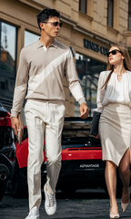 Lapel Diagonal Color Block Wool Knit Long Sleeve Polo
