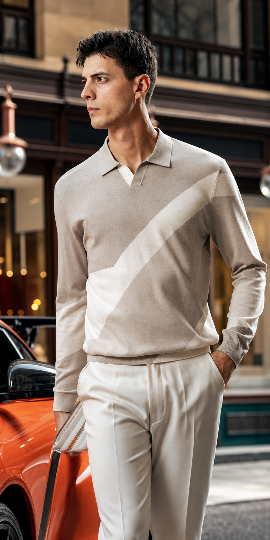 Lapel Diagonal Color Block Wool Knit Long Sleeve Polo