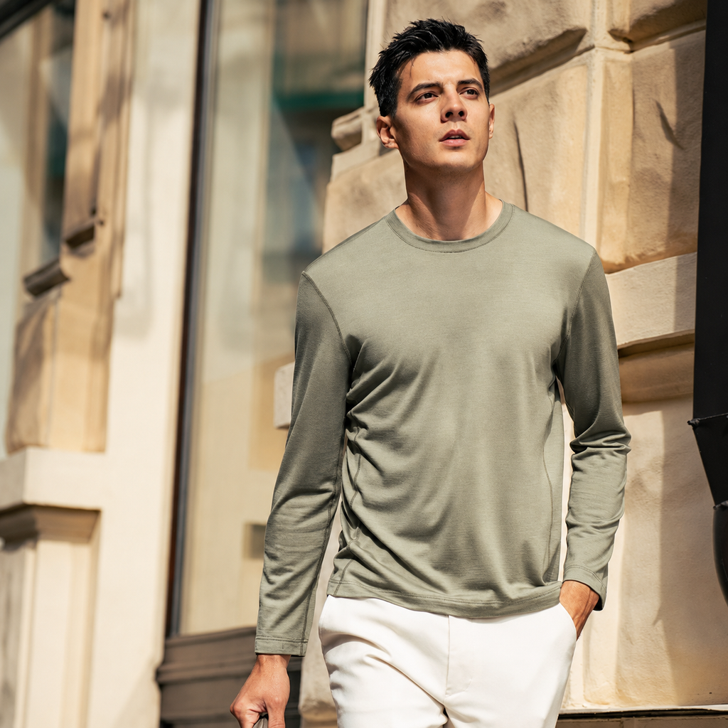 Plain Crew Neck Wool Long Sleeve Basic Knit Tee