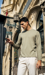 Plain Crew Neck Wool Long Sleeve Basic Knit Tee