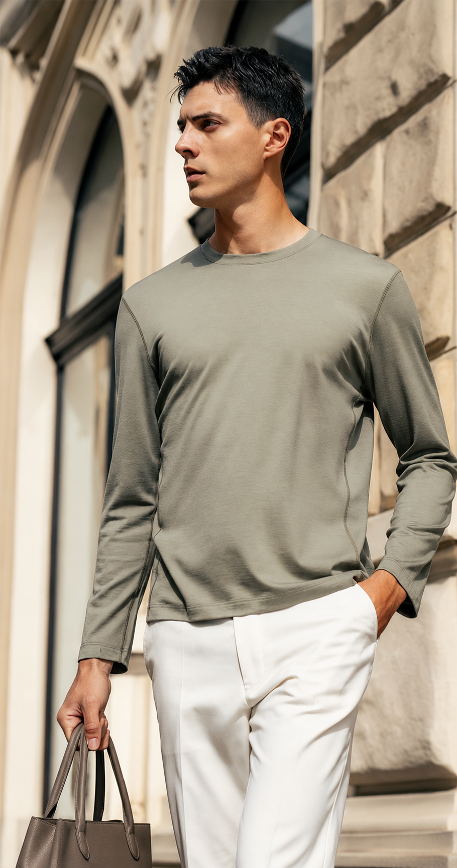 Plain Crew Neck Wool Long Sleeve Basic Knit Tee