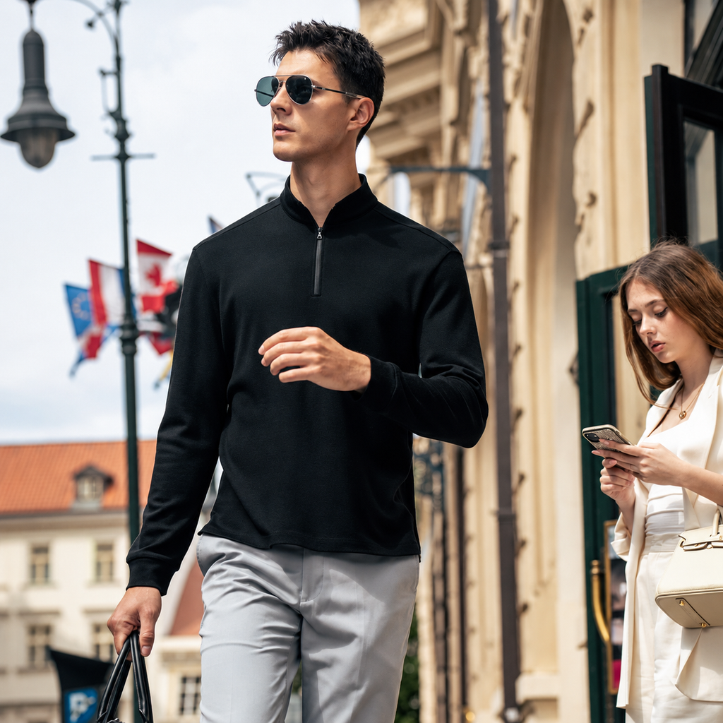 Seam Shoulder Wool Quarter Zip Pullover For Business Men