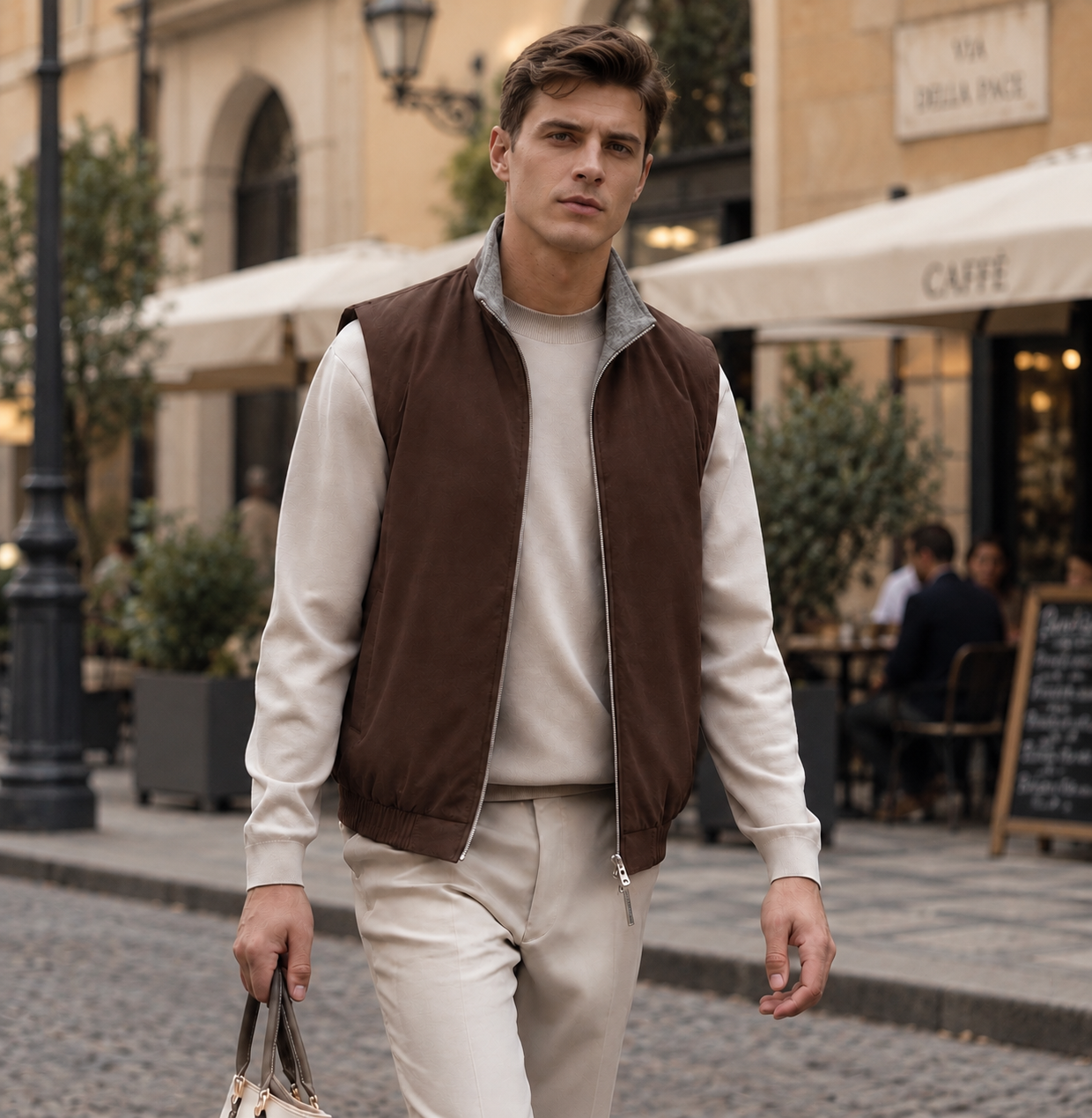 Men's Reversible Bomber Vest, Wool Mulberry Silk Blend, Quiet Luxury