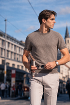 Boveme Men Quiet Luxury Short Sleeve Knit Tee | Wool Mulberry Silk Lyocell Blend Soft Lightweight Crew Neck Casual Daily T‑Shirt