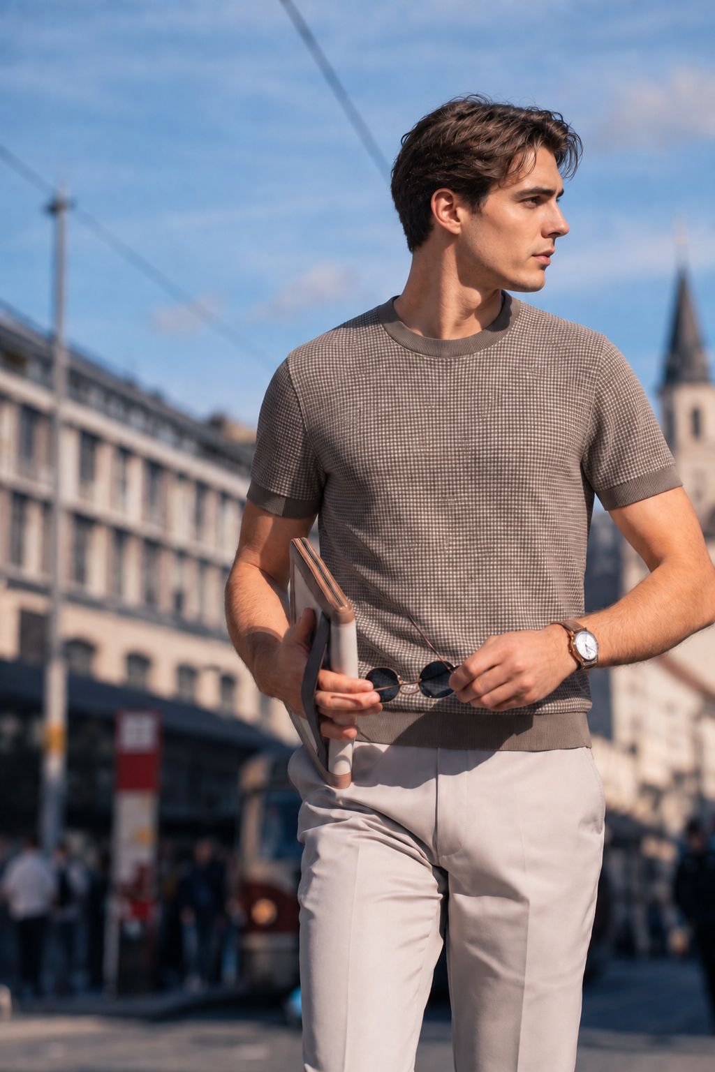 Boveme Men Quiet Luxury Short Sleeve Knit Tee | Wool Mulberry Silk Lyocell Blend Soft Lightweight Crew Neck Casual Daily T‑Shirt