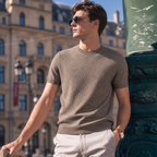 Boveme Men Quiet Luxury Short Sleeve Knit Tee | Wool Mulberry Silk Lyocell Blend Soft Lightweight Crew Neck Casual Daily T‑Shirt