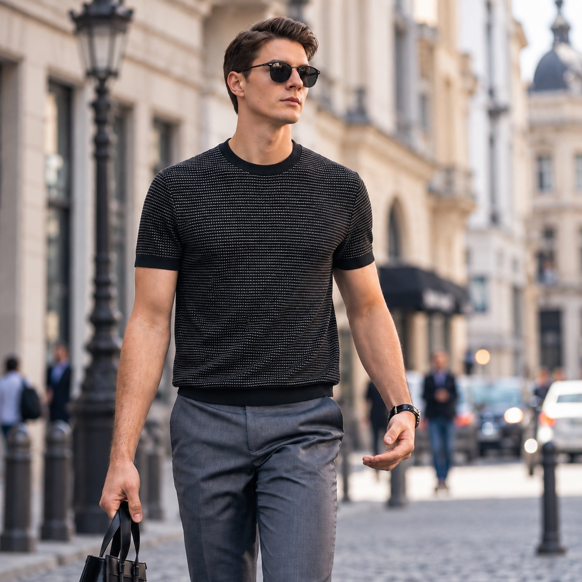 Boveme Men Quiet Luxury Short Sleeve Knit Tee | Wool Mulberry Silk Lyocell Blend Soft Lightweight Crew Neck Casual Daily T‑Shirt