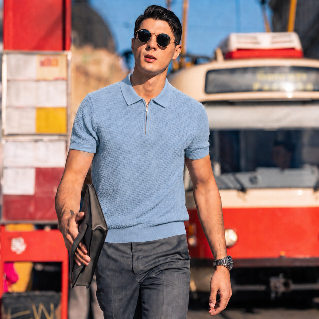 Textured Wool-Blend Zip Polo