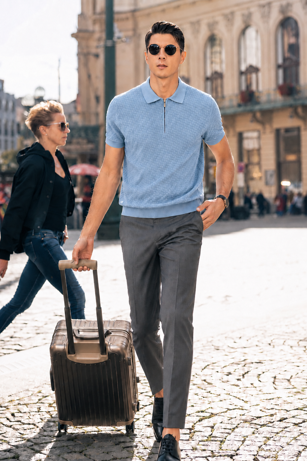 Textured Wool-Blend Zip Polo
