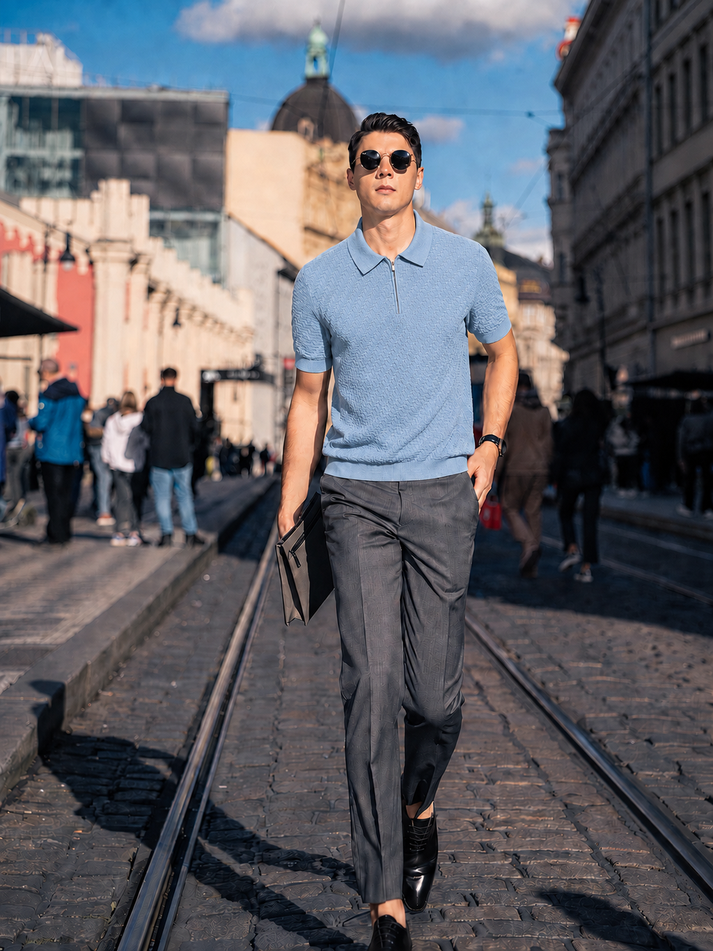 Textured Wool-Blend Zip Polo