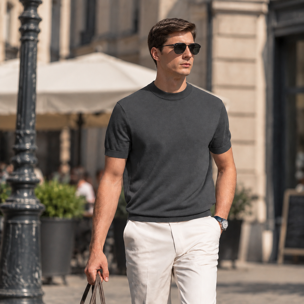 Men's 100% Merino Wool Mock Neck Knit T-Shirt, Soft Breathable Daily Commute Base Top