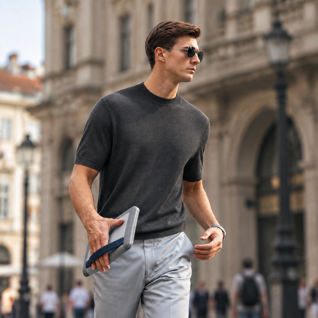 Men's 100% Merino Wool Mock Neck Knit T-Shirt, Soft Breathable Daily Commute Base Top