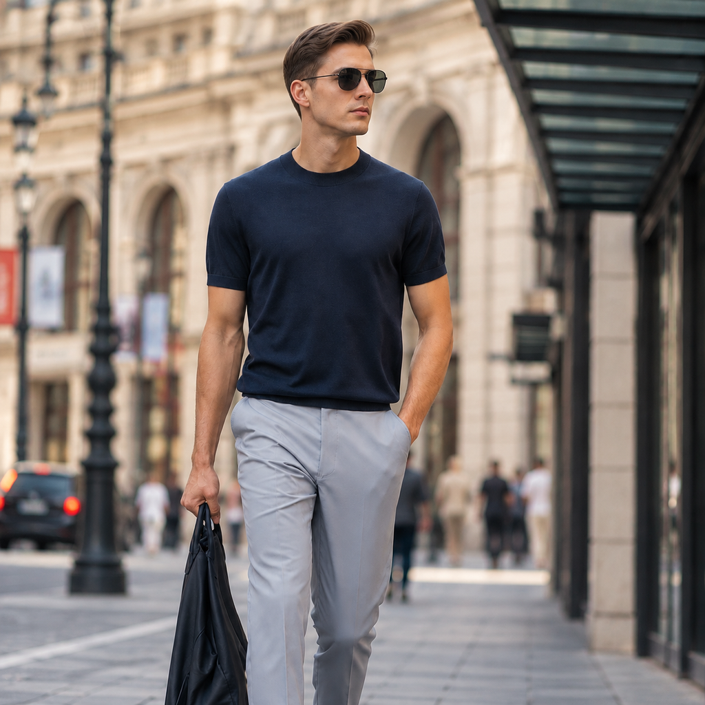 Men's 100% Merino Wool Mock Neck Knit T-Shirt, Soft Breathable Daily Commute Base Top