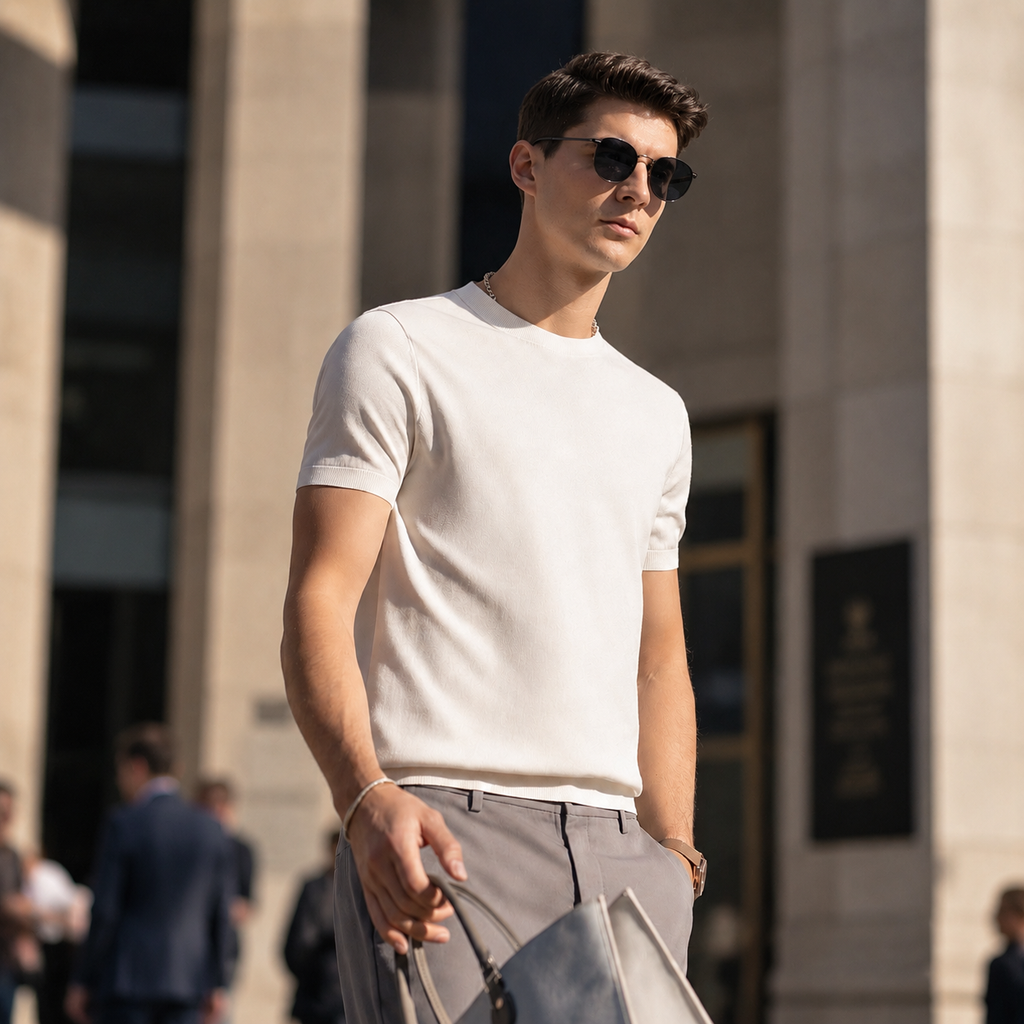 Men's 100% Merino Wool Mock Neck Knit T-Shirt, Soft Breathable Daily Commute Base Top