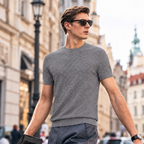 Boveme Men Quiet Luxury Short Sleeve Knit Tee | Wool Mulberry Silk Lyocell Blend Soft Lightweight Crew Neck Casual Daily T‑Shirt