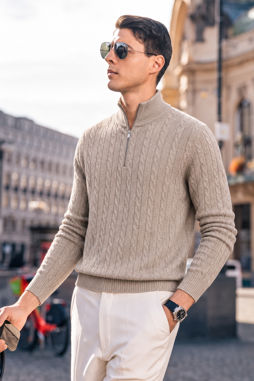 Premium Wool-Cashmere Cable Knit Half-Zip Sweater