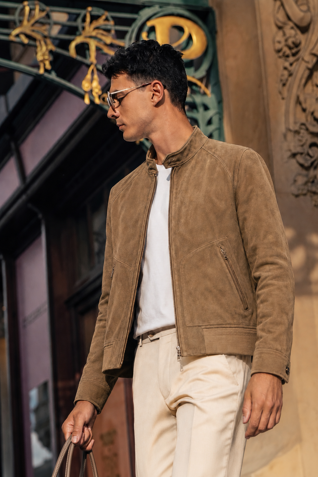Suede Stand-Collar Leather Jacket
