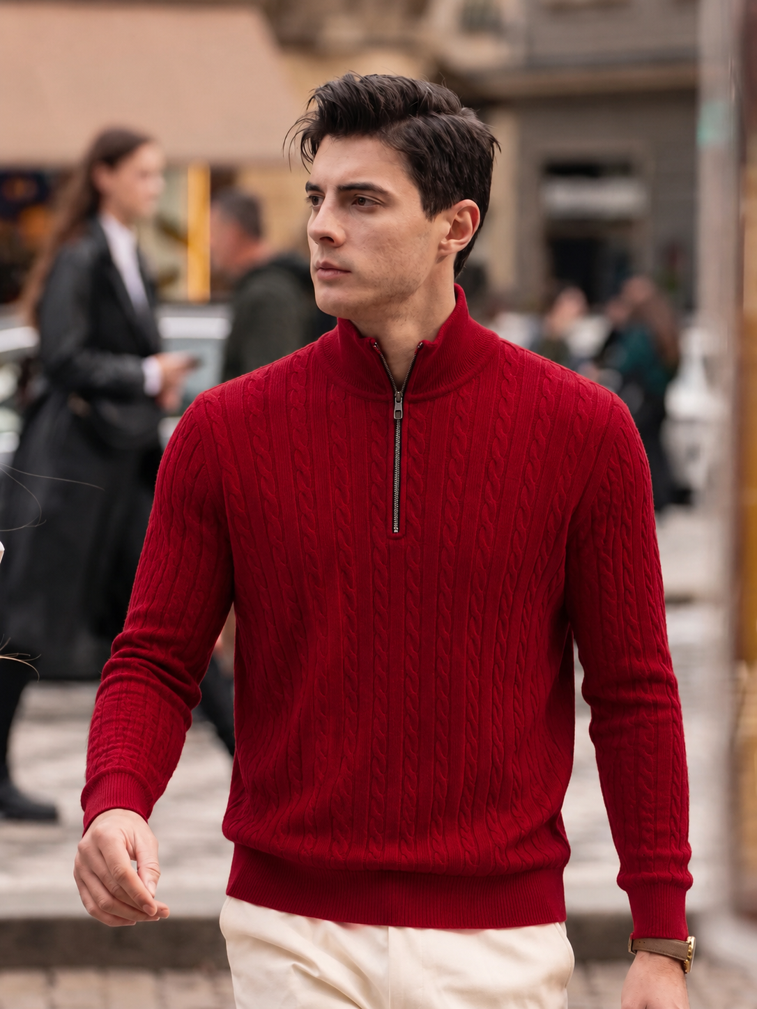 Premium Wool-Cashmere Cable Knit Half-Zip Sweater