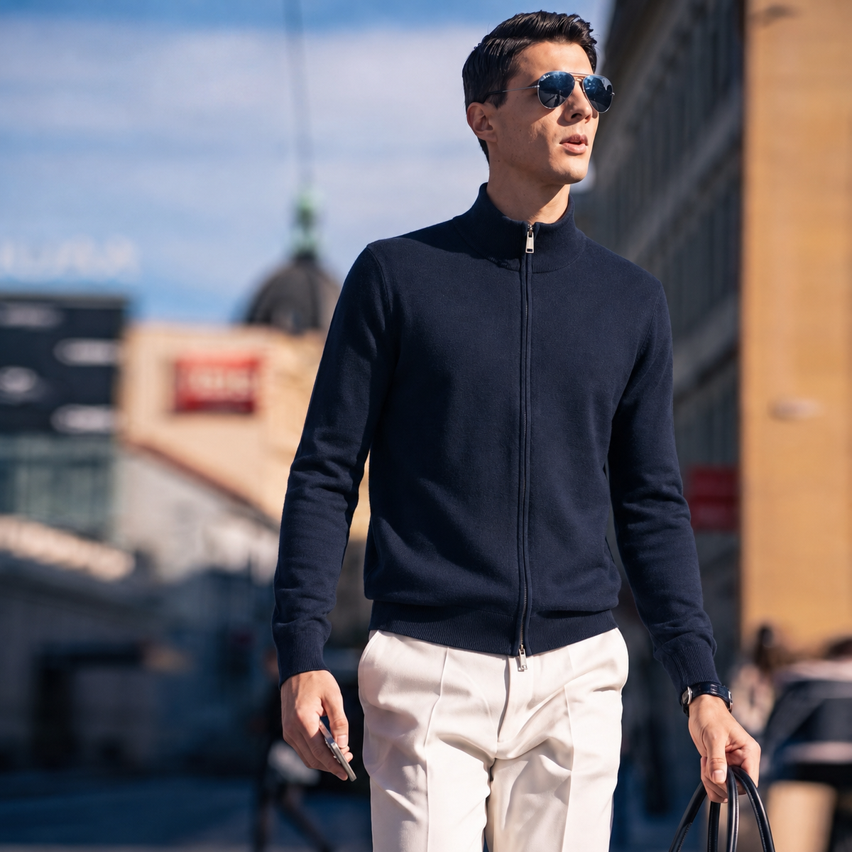 Premium Quiet‑Luxury Men Full‑Zip Mock Neck Sweate