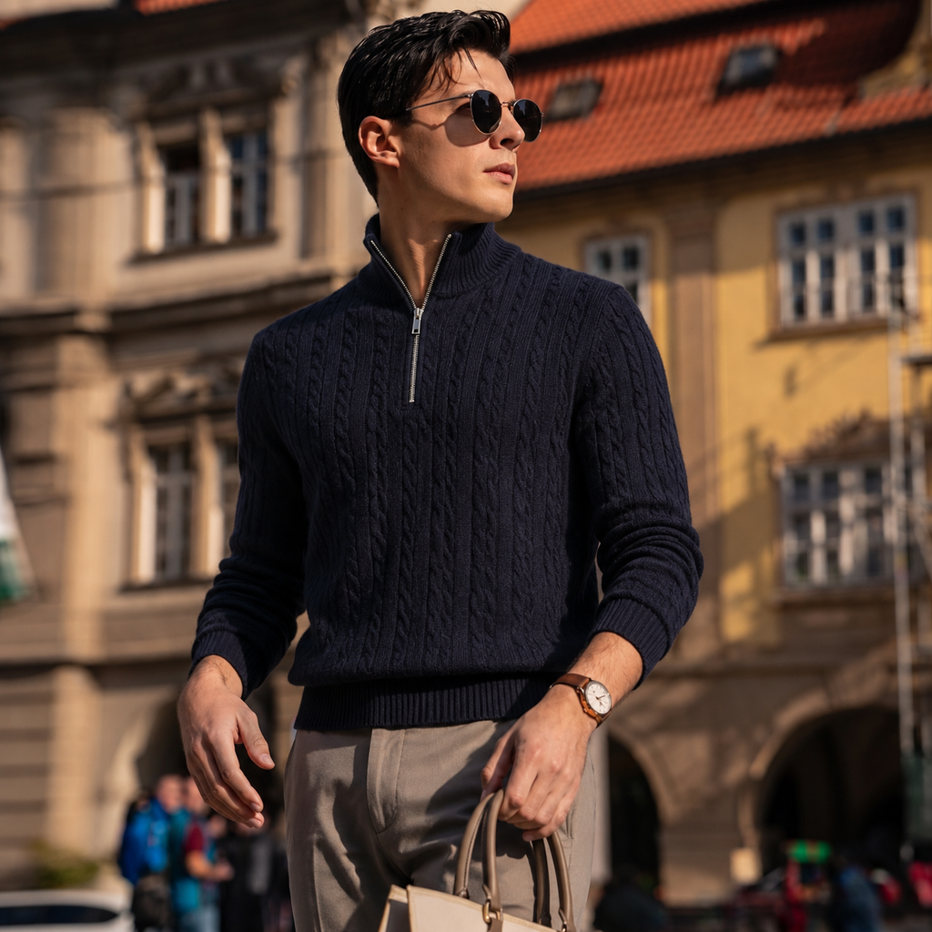 Premium Wool-Cashmere Cable Knit Half-Zip Sweater