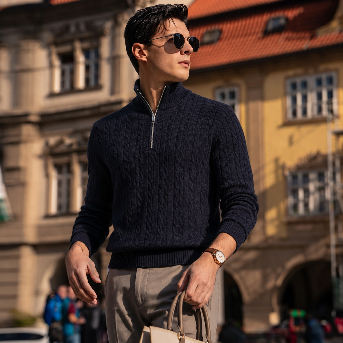 Premium Wool-Cashmere Cable Knit Half-Zip Sweater