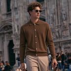 Herren-Cardigan mit Polokragen und Knopfleiste aus 100 % Merinowolle
