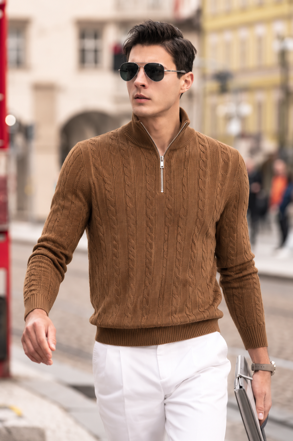 Premium Wool-Cashmere Cable Knit Half-Zip Sweater