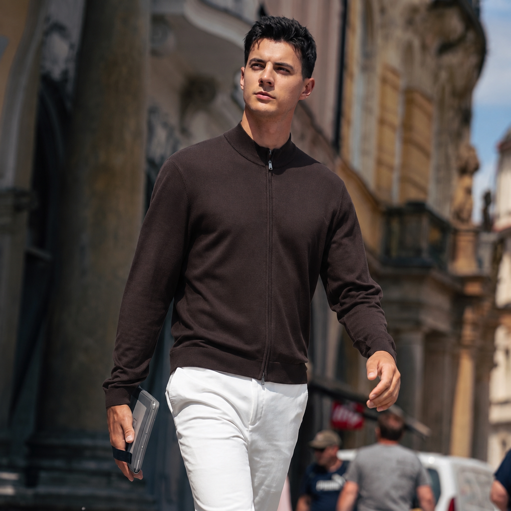 Pull homme zippé à col montant "Quiet Luxury" premium